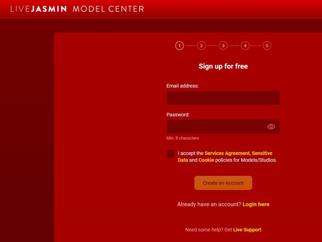 model sign up page of LiveJasmin